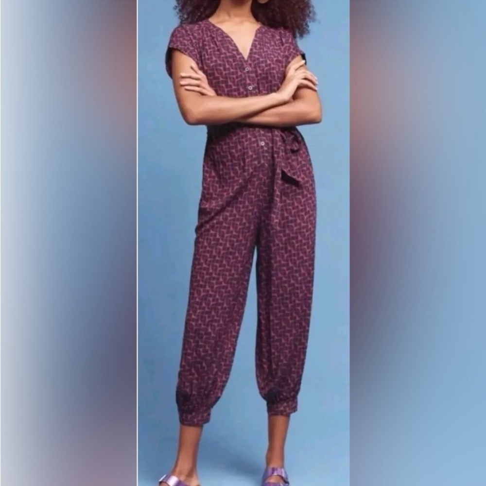ANTHROPOLOGIE MAEVE Geoscope Jumpsuit Purple Printed Rayon Button Front